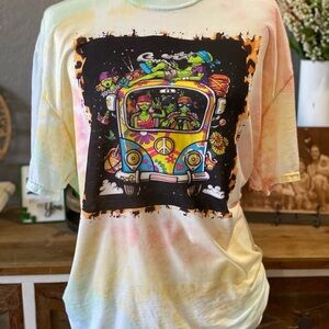 Colorful Graphic Hippie T-Shirt with Bus Design Burnout Tie Dye Tee